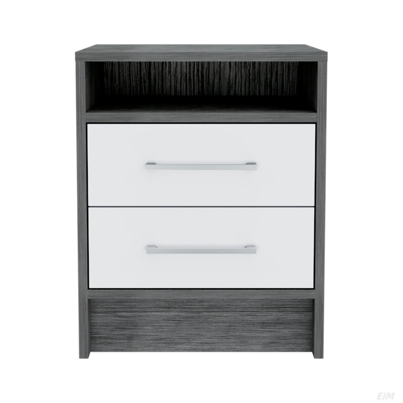 Table de chevet, table de bout, plateau supérieur, deux tiroirs, Blanc / fumé