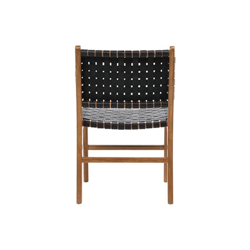 Black Leather Woven Upholstered Side Chair with Natural Wood Frame