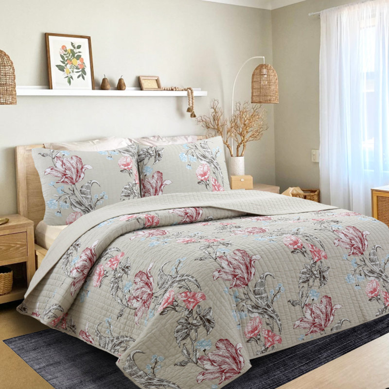 BB2021-055 Cotton Floral Quilt, Queen Quilt + 2 Standard Shams