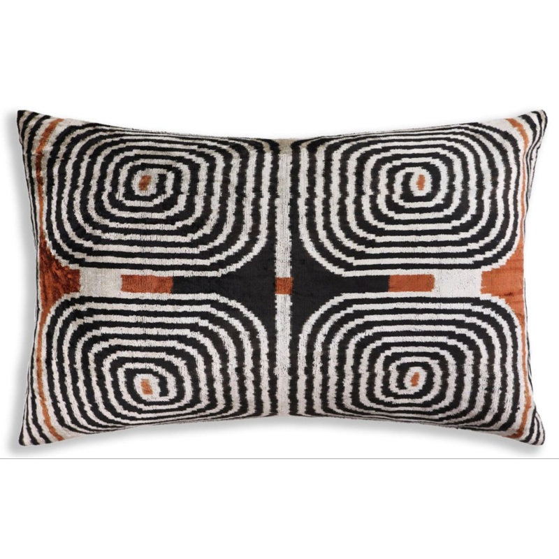 Coussin lombaire en velours de soie géométrique noir ivoire rouille - Coussin luxueux fait à la main 16 x 24 po