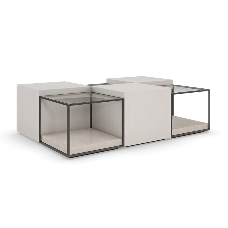 White Faux Shagreen Square Coffee Table with Wood Base