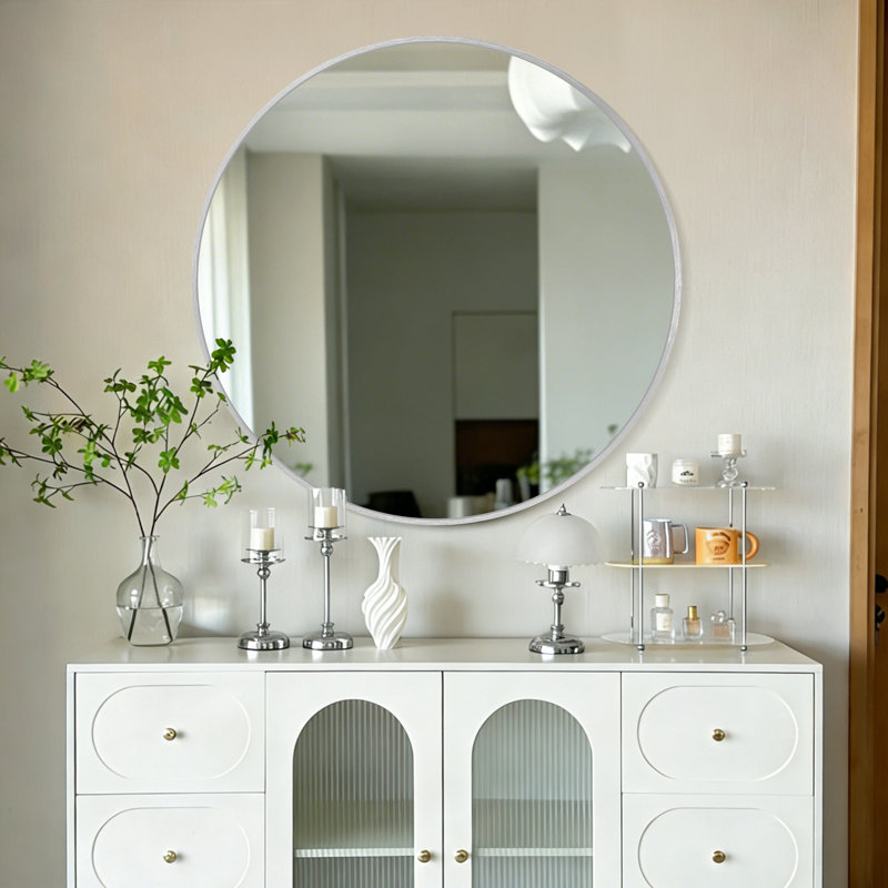 Metal Round Wall Mirror, Silver, 36" x 36"
