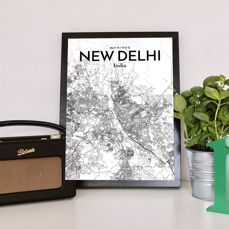 New Delhi City Map - Unframed Graphic Art Print on Paper, 50.8cm H x 40.6cm W x 0.1cm D, Grey/White