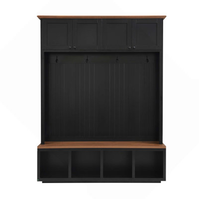 Farmhouse Wood-grain Accent 4-in-1 Entryway Hall Tree with Bench, Cabinets, Coat Racks & Hooks for Hallway, Entryway, Living Room and Mudroom