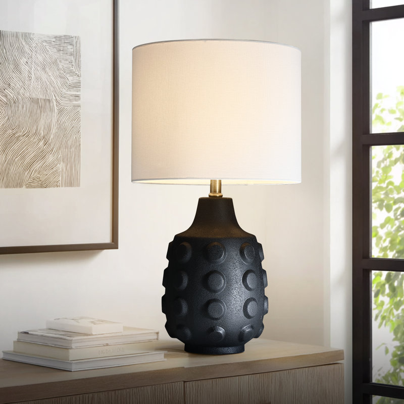 3-way Black Ceramic Table Lamp With White Drum Shade
