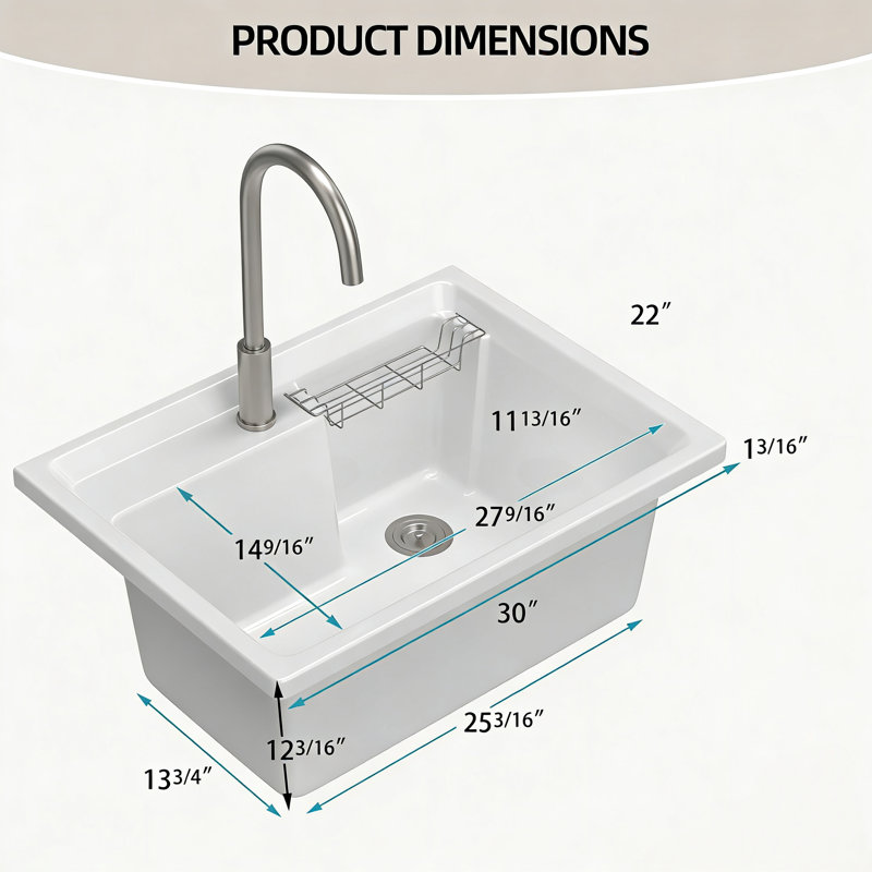 30" x 22" Soild Surface Laundry Sink Countertop With Integrated Deep Basin Utility Sink for Laundry Room Garage