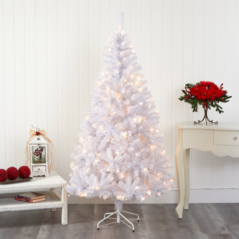 Arbre de Noël artificiel pin blanc avec lumières claires, H 6 pi