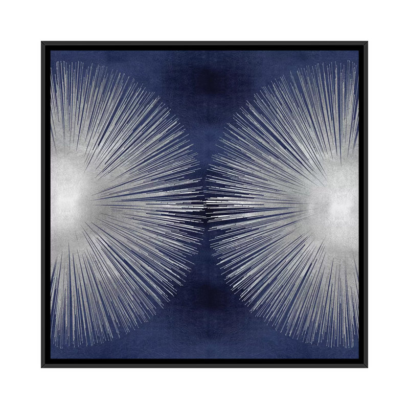 Silver Sunburst On Blue " Silver Sunburst On Blue II " by Abby Young, 18" H x 18" W x 1.5" D, Black Floater Framed Canvas