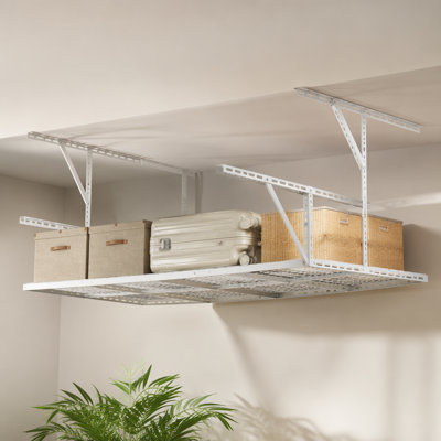3x8FT Overhead Garage Storage Rack, HeavyDuty Metal Garage Ceiling Storage Rack, 22''40" Adjustable Ceiling DropDown, 600 lb. Loading Weight Capacity, White Color