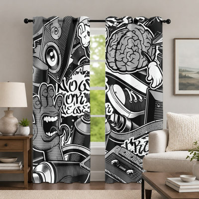 2Pcs White Graffiti Print Curtains, Street Art Style Window Drapes, Modern Hip-Hop Comic Pattern Grommet Panels, Decorative Window Treatment for Bedroom Living Room Decor