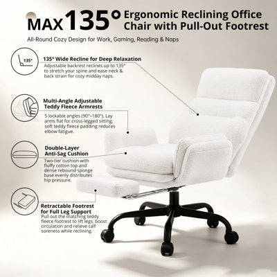 Big and Tall Office Chair, Ergonomic Heavy Duty Desk Chair with Footrest, 135° Reclining Cross Legged Chair with Padded Flip-up Armrests for Pets, Teddy Fleece, for Home Office