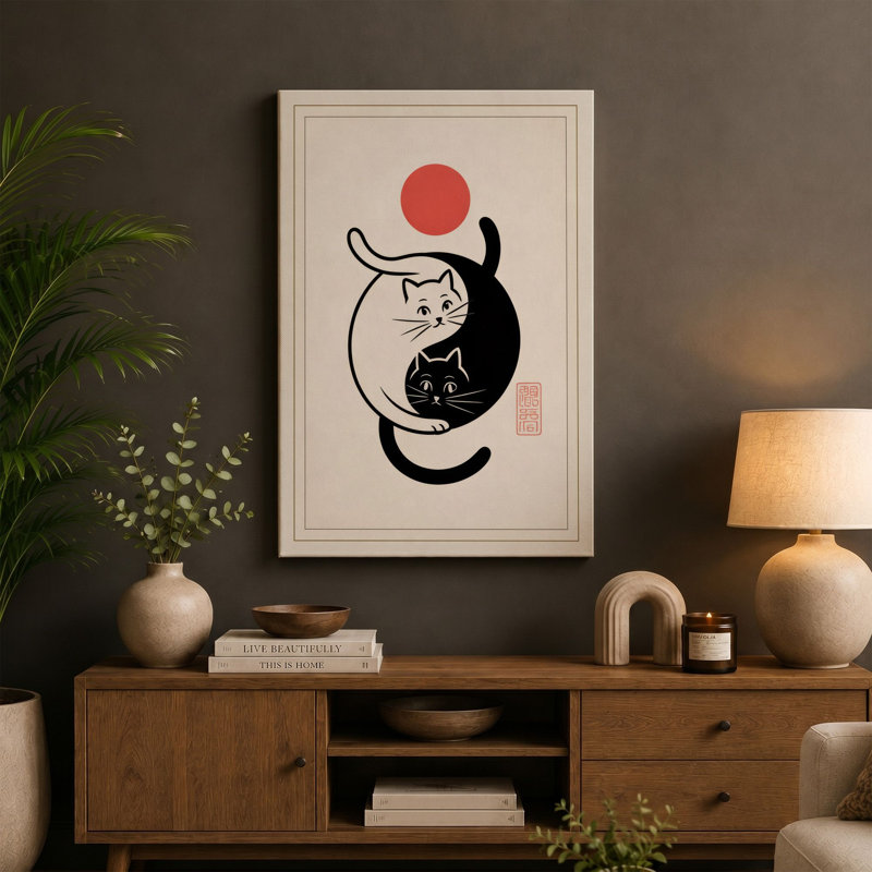 Yin Yang Cats Japandi - Wrapped Canvas, 24x16 - 61.0 x 40.6 cm, Taupe Border
