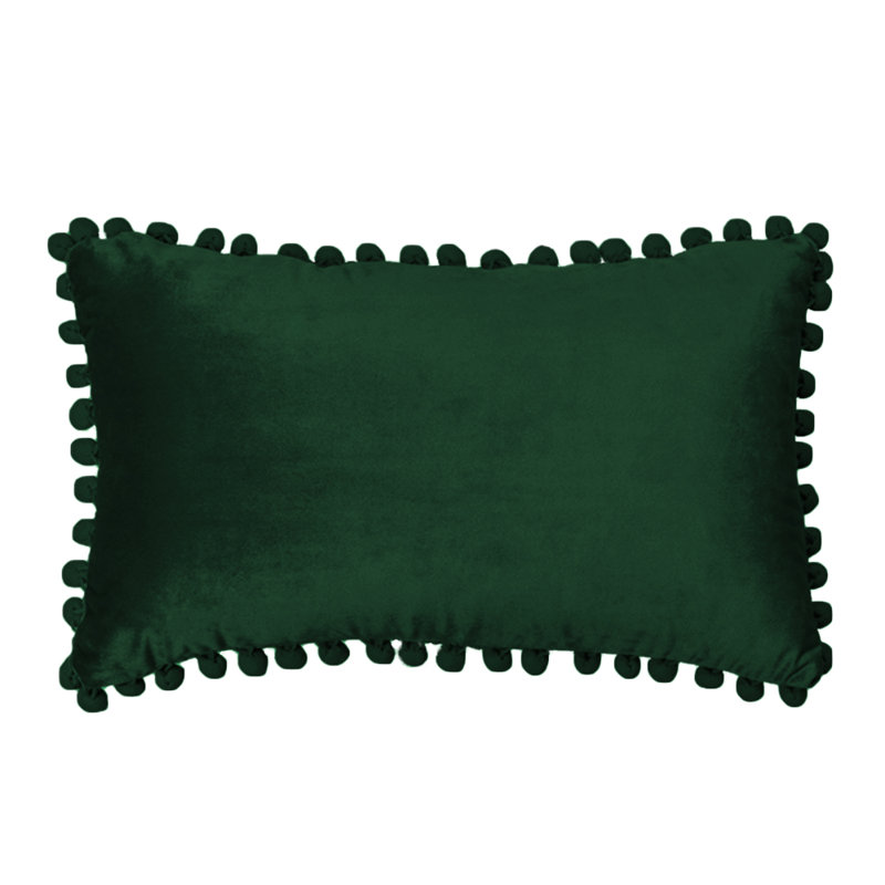 Dark Green Set of 2 PomPom Rectangular Lumbar Throw Pillows size 12"x20", Dark Green