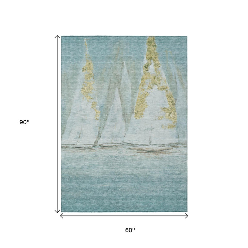 Tapis bleu sarcelle et doré 5 'X 8'