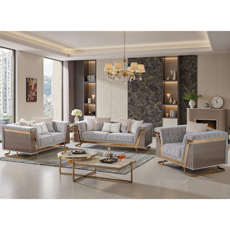 Ensemble de canapés décoratifs dorés avec coussins décoratifs, 3 Pcs: Chair,Loveseat, Sofa
