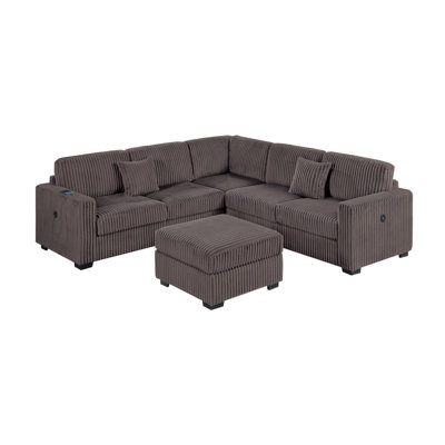 Living Room Corduroy Upholstered Chocolate 4Pc Sectional Set RAF/LAF One-Arm Loveseat W/USB, Corner Wedge, Cocktail Ottoman Cushion Couch