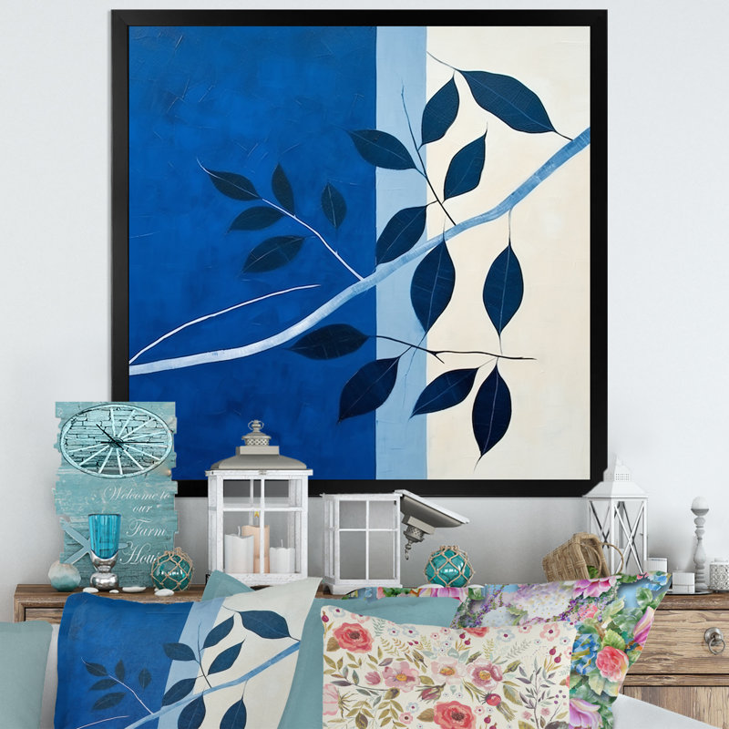 Silhouette de feuilles bleues saphir II, H 16 po x l 16 po x P 1 po, Cadre simple noir