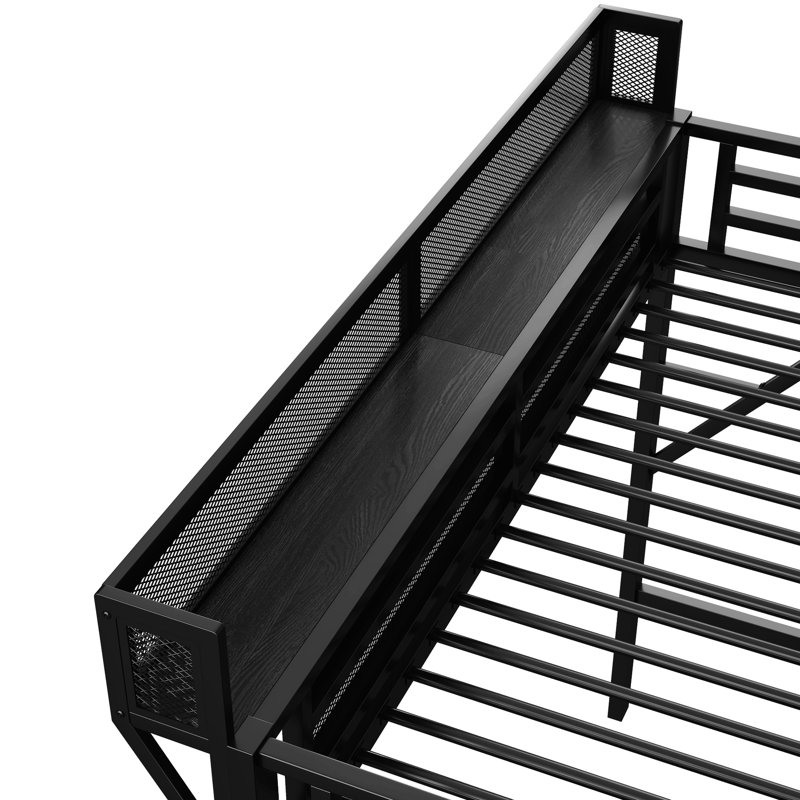 Lit mezzanine simple en métal avec escalier et tablettes de rangement, idéal pour les petites chambres, noir, capacité de charge de 250 lb