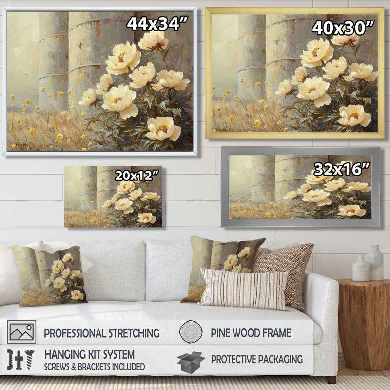 Ferme, pivoines par le grain de silo III - pivoines, art mural large, H 30 po x l 40 po, Impression encadrée flottante