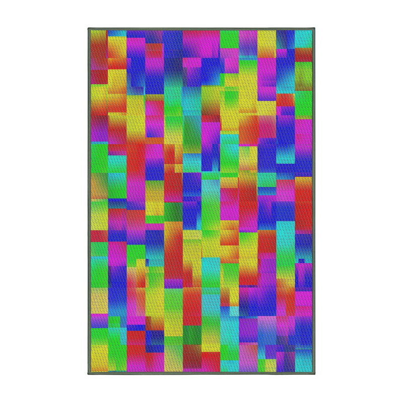Tapis jaune / vert / rouge en laine et polyester tissé à la machine Patchwork, Rectangle 6 pi x 9 pi
