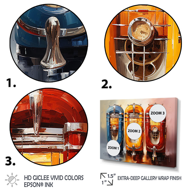 Coloful Modern Jukebox Jams 1 - Jukeboxes, art mural, Cadre flottant doré, H 12 po x l 20 po x P 1 po