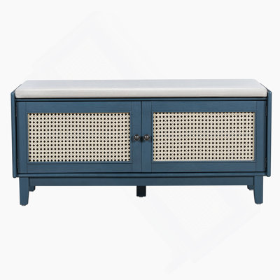 Boho Rattan Entryway Bench With Storage, Cushioned Shoe Bench With Double Doors, Wooden Shoe Organizer Bench For Entryway And Hallway (Antique Navy+Beige )