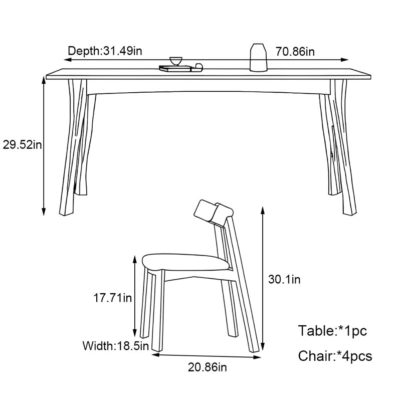 Ensemble de table à manger moderne et simple en bois de frêne, H 29,52 po x L 70,86 po x l 31,49 po