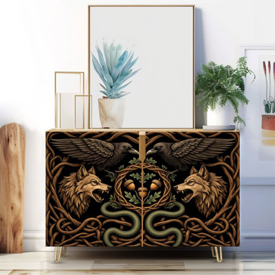 Narrow 35.4'' Wide Sideboard Buffet Cabinet - 2-Door Accent Storage Cabinet With Detailed ancient vikings Norway Print And Metal Legs
