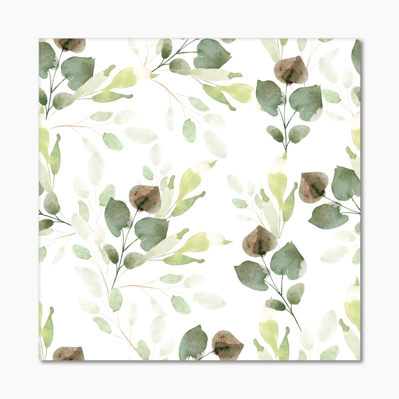 Feuilles vertes sur fond blanc - peinture sur toile, Toile tendue, H 30 po x l 30 po