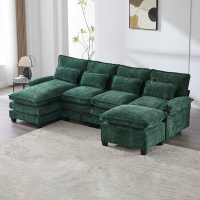 106 Inch U Shape Sectional Sofa, Chenille Upholstery, Modular Design With Ottoman And Pillows, Perfect For Modern Living Rooms