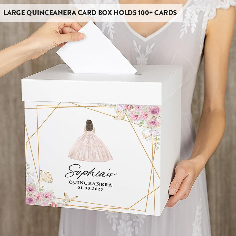 Boîte à cartes personnalisée Quinceanera, robe rose et décorations de fête d'anniversaire papillon XV, Oui