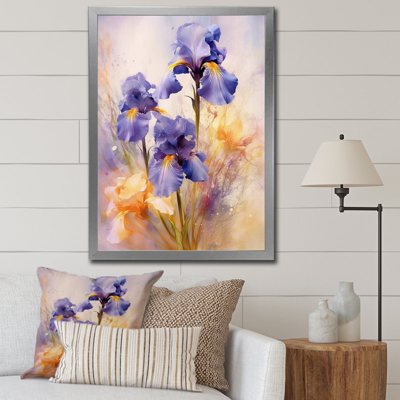 «Mauve jaune et iris», impressions sur toile, H 32 po x l 24 po x P 1 po, Cadre photo argenté
