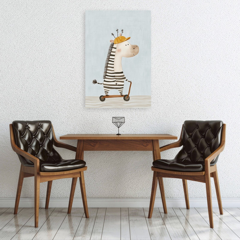 Cute Zebra On Scooter Playful Whimsical Contemporary Zebra Horse Wall Art Print by Mathieu - Wrapped Canvas Print