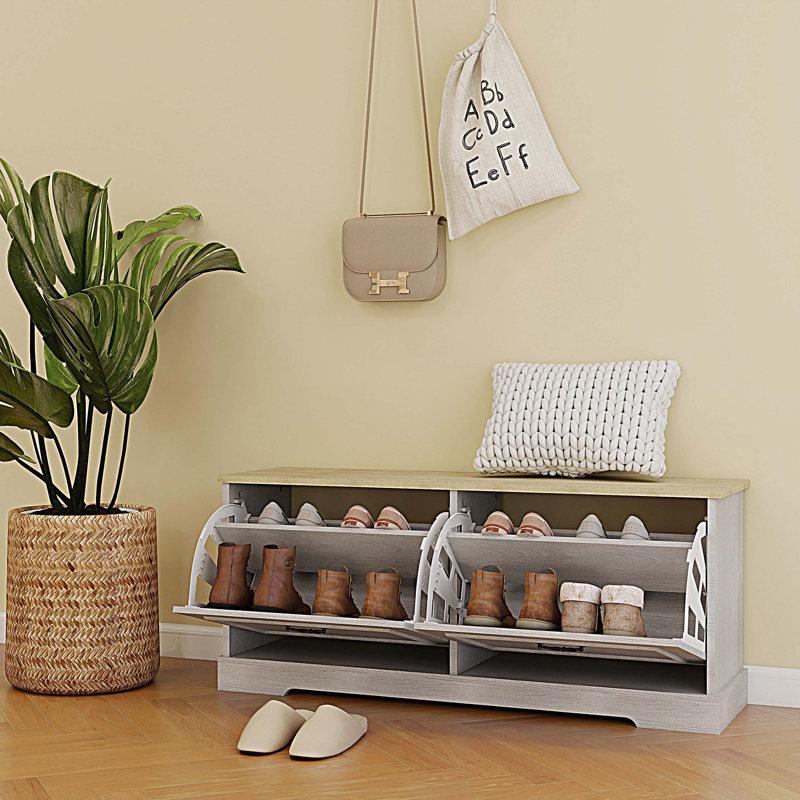 Banc de rangement pour chaussures avec 2 tiroirs rabattables et tablette réglable pour le vestibule
