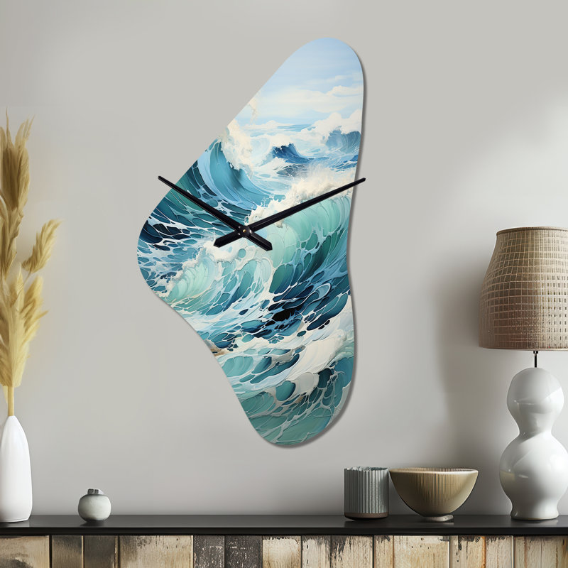 Horloge murale Shelvy Watercolor Storm Coastal Ocean II - forme unique en métal, horloge murale asymétrique turquoise