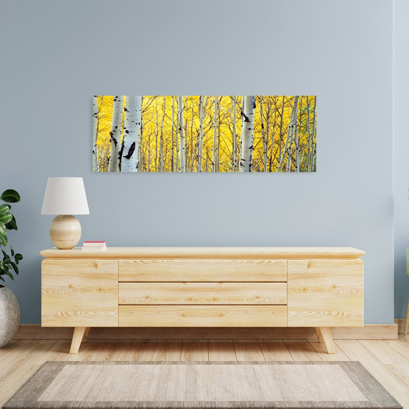 Art mural contemporain, forêt de trembles abstraites dans une forêt, H 16 po x l 48 po
