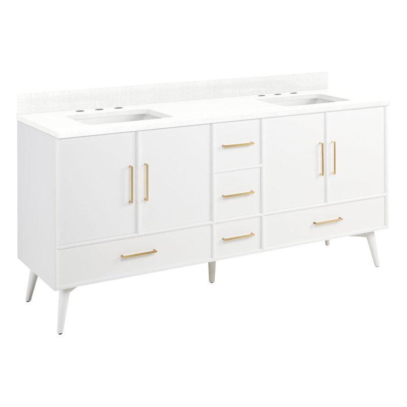72" Novak Double Bathroom Vanity Set with Rectangular Undermount Sinks, Natural Teak, Single-Hole, Feathered White Quartz