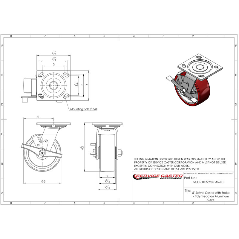 5 Inch Poly on Aluminum Caster Set with Roller Bearings 2 Brakes 2 Rigid SCC|SCC-30CS520-PAR-TLB-2-R520-2