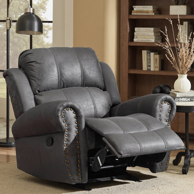 Faulks Manual Glider Recliner with Nailhead Trim, Slate Microfiber