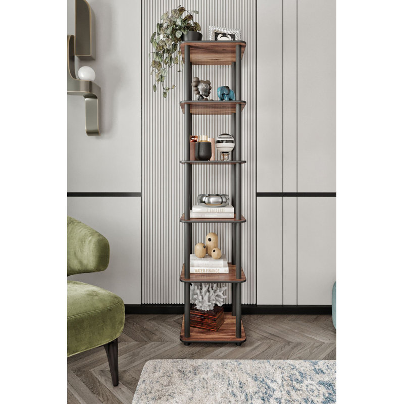Bibliothèque moderne en noyer de 67,0 po x 13,4 po x 13,4 po | 100% panneau de fibres à densité moyenne avec pieds en kraft comprimé | Design industriel élégant pour la maison ou le bureau | Parfait pour le rangement et la présentation, apparence durable et élégante