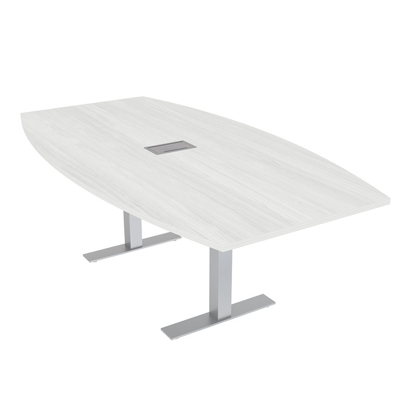 Table de conférence en forme de bateau avec base en T en métal | Unité électrique, L 84 po x l 48 po, Cyprès blanc