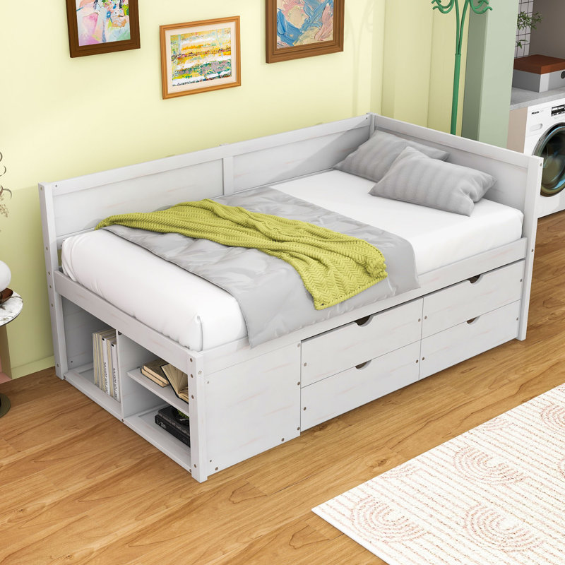 Wood Daybed with Pull-Out Drawers and Shelves, Twin, White