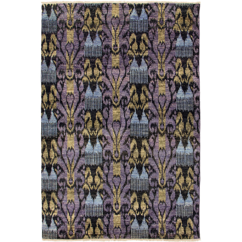 Tapis noir / mauve unique en laine noué à la main de style années 2010 de 6 pi x 9 pi 3 po Winterview