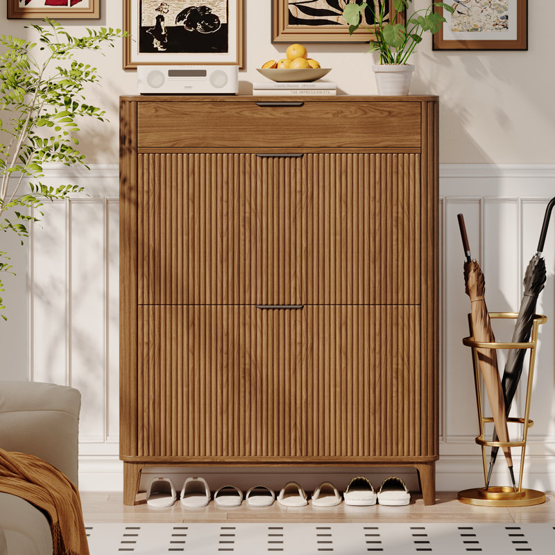 Fluted Shoe Storage Cabinet With 2 Flip Drawers & Top Drawer, 31.5"w Narrow Hidden Shoe Rack Cabinet, Brown