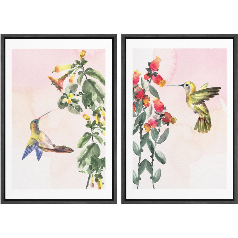Bleu, aquarelle, floral, colibri, nature sauvage, illustrations, chic, gros plan, coloré, Noir, H 24 po x l 16 po