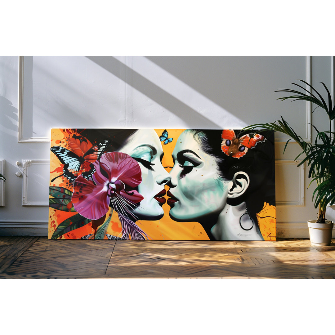 Wandbild 120x60cm Porträt von zwei jungen Frauen Kuss Blumen Blüten Schmetterlinge