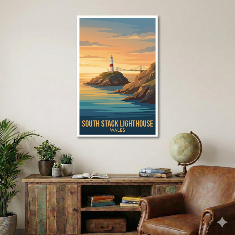 South Stack Lighthouse, Wales - Romantic Coastal Travel Poster Of Dramatic Cliffs. Giclee Print On Wrapped Canvas. Wall Art, Home Decor - Coastal & Maritime, Wales - Wrapped Canvas Print