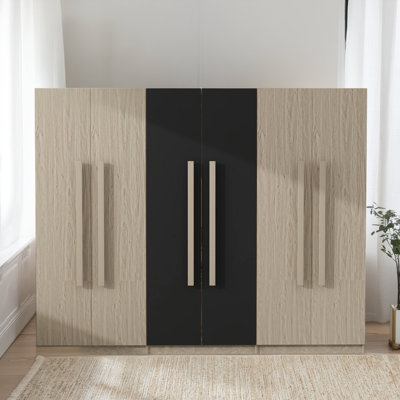 6-door Wooden Wardrobe (black+nature) – Practical Bedroom Storage With 2 Inside Drawers
