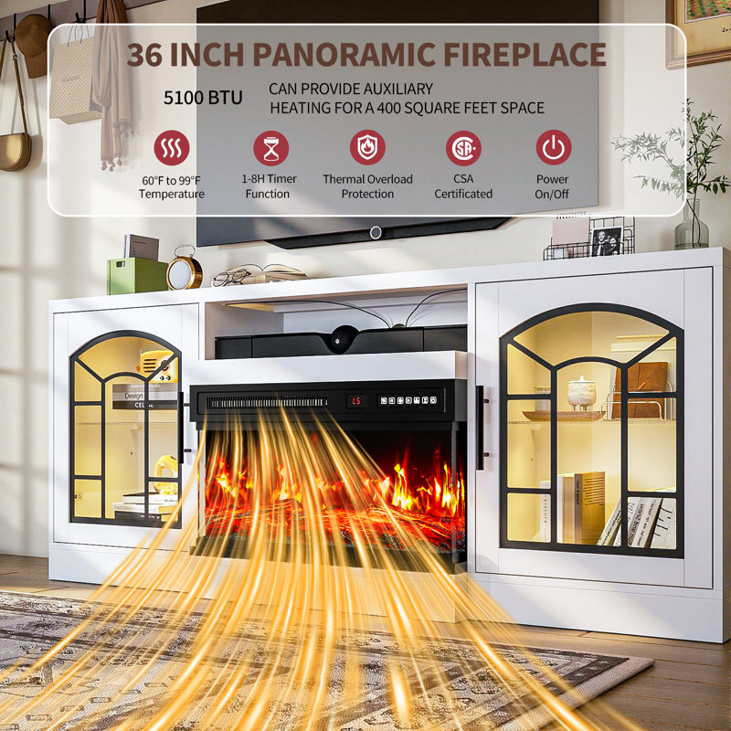 60" Fireplace Tv Stand, Tv Stand With 3-sided Glass Electric Fireplace, 24" Fire Place Grey Tv Stands For Living Room, White