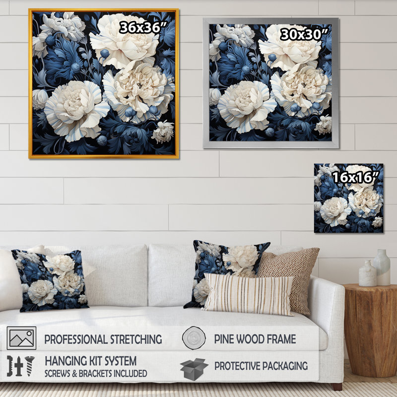Arrangement d'œillets blanc et bleu IV sur toile, H 16 po x l 16 po x P 1 po, Cadre flottant doré